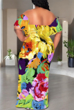 Tibetan Blue Sexy Floral Print fruit Ruffle Contrast Off Shoulder Printed Dresses
