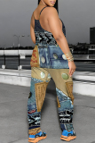 Gray Blue Casual Faux Denim Print Pocket Contrast U Neck Loose Jumpsuits