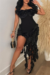 Black Sexy Solid Color Patchwork Backless Strapless Irregular Dresses