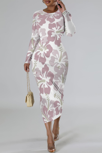 White Elegant Flowers Print Gradient Contrast O Neck Printed Dresses