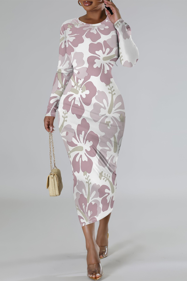 White Elegant Flowers Print Gradient Contrast O Neck Printed Dresses