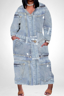 White Blue Street Faux Denim Print Pocket Contrast V Neck Printed Plus Size Dresses