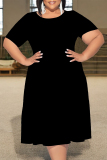 Black Casual Solid Color Patchwork O Neck Short Sleeve Plus Size Dresses