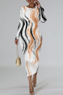 White Elegant Geometric Print Bronzing Pattern Contrast O Neck Printed Dresses