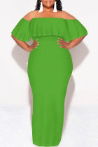 Green Sexy Solid Color Ruffle Off Shoulder Long Dresses