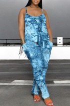 Blue Casual Faux Denim Print Pocket Contrast U Neck Loose Jumpsuits