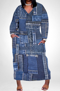 Dark Blue Street Faux Denim Print Pocket Contrast V Neck Printed Plus Size Dresses