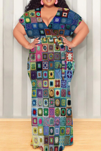 Colour Casual Print Patchwork Strap Design V Neck Long Plus Size Dresses