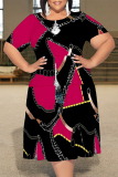 Red Green Sexy Colorblock Chain print Patchwork Contrast O Neck Printed Plus Size Dresses