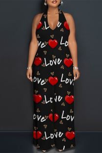 Black Red Street Love Print Letters Lace Up Backless Contrast Halter Loose Jumpsuits