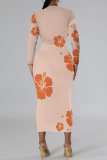 White Elegant Flowers Print Gradient Contrast O Neck Printed Dresses