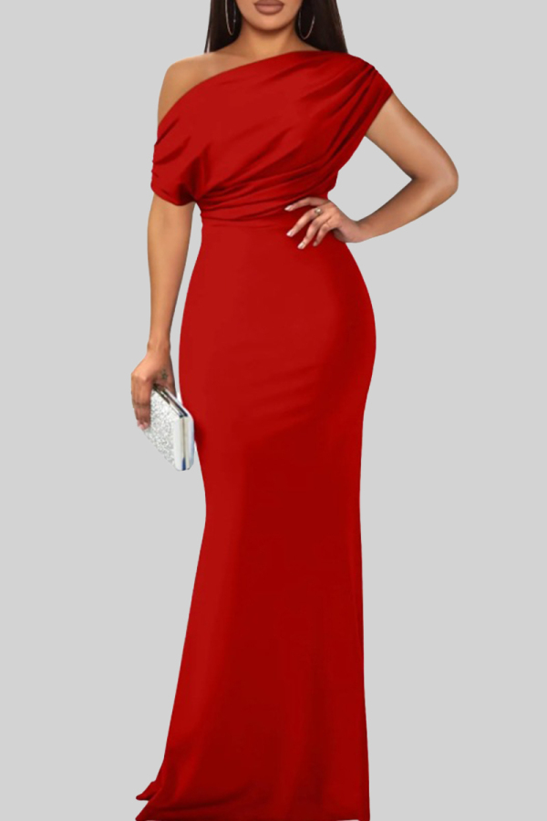 Red Elegant Solid Color Patchwork Oblique Collar Long Dresses