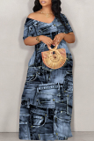 Dark Blue Street Faux Denim Print Contrast V Neck Printed Dresses