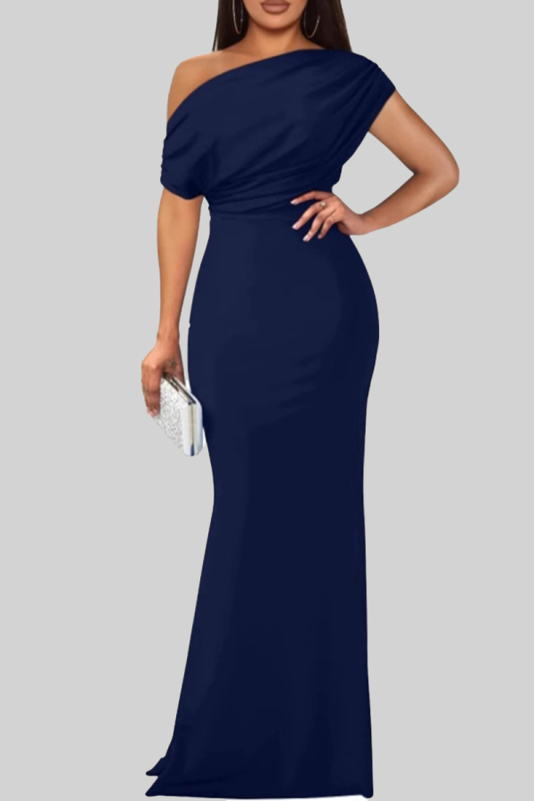 Tibetan Blue Elegant Solid Color Patchwork Oblique Collar Long Dresses