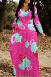 Green Casual Floral Print Pocket Contrast V Neck Printed Dresses