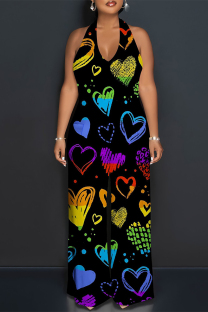 Colour Street Love Print Letters Lace Up Backless Contrast Halter Loose Jumpsuits