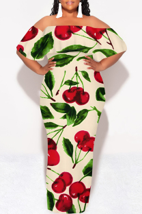 Apricot Sexy Floral Print fruit Ruffle Contrast Off Shoulder Printed Dresses