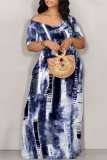 Dark Blue Street Faux Denim Print Contrast V Neck Printed Dresses