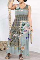 Gray Green Casual Geometric Print Floral Print Pocket Contrast V Neck Loose Jumpsuits