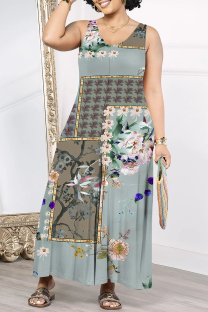 Gray Green Casual Geometric Print Floral Print Pocket Contrast V Neck Loose Jumpsuits