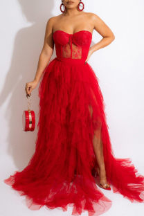 Red Sexy Solid Color Lace See-Through Mesh Strapless Long Dresses