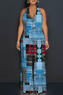 Multicolor Street Faux Denim Print Pocket Lace Up Backless Halter Loose Jumpsuits