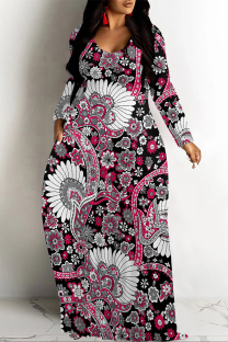 Black Red Casual Floral Print Pocket Contrast V Neck Printed Dresses