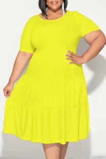 Yellow Casual Solid Color Patchwork O Neck Short Sleeve Plus Size Dresses