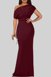 Burgundy Elegant Solid Color Patchwork Oblique Collar Long Dresses