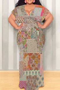 Multicolor Casual Print Patchwork Strap Design V Neck Long Plus Size Dresses