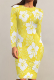 Light Purple Elegant Flowers Print Contrast O Neck Printed Dresses
