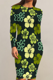 Light Purple Elegant Flowers Print Contrast O Neck Printed Dresses