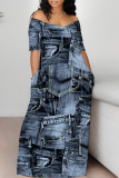Dark Blue Street Faux Denim Print Contrast V Neck Printed Dresses