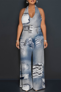 Baby Blue Street Faux Denim Print Pocket Lace Up Backless Halter Loose Jumpsuits