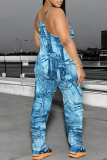 Gray Blue Casual Faux Denim Print Pocket Contrast U Neck Loose Jumpsuits