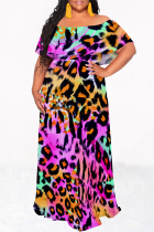 Purple Sexy Leopard Print Gradient Chain print Ruffle Contrast Off Shoulder Printed Dresses
