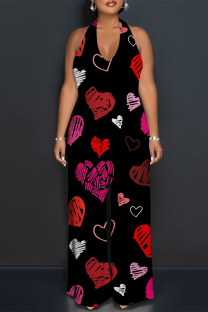 Red Street Love Print Letters Lace Up Backless Contrast Halter Loose Jumpsuits
