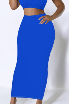 Blue Casual Solid Color Skinny High Waist Solid Color Bottoms