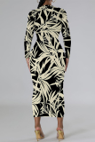 Green Elegant Geometric Print Bronzing Pattern Contrast O Neck Printed Dresses