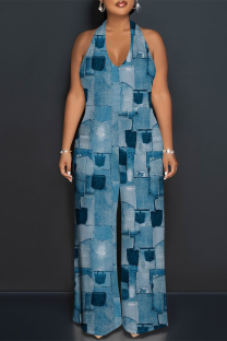 Blue Street Faux Denim Print Pocket Lace Up Backless Halter Loose Jumpsuits