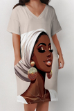 Yellow Street Letter Print portrait Pocket Contrast V Neck Printed Plus Size Dresses