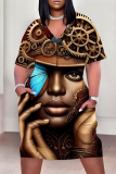 Brown Casual Print portrait Pocket Contrast V Neck Printed Plus Size Dresses