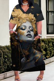 Black Yellow Street Cartoon Print portrait Pocket Contrast V Neck Printed Plus Size Dresses