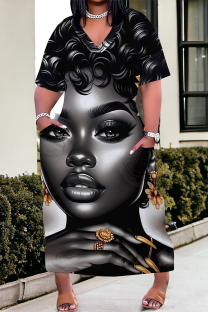 Black Gray Street Cartoon Print portrait Pocket Contrast V Neck Printed Plus Size Dresses