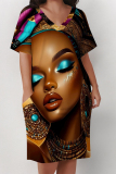 Brown Casual Print portrait Pocket Contrast V Neck Printed Plus Size Dresses
