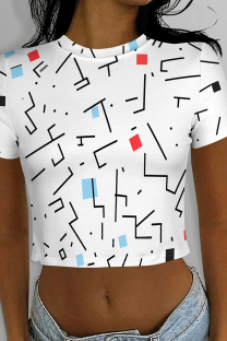 White Casual Print Patchwork O Neck T-Shirts
