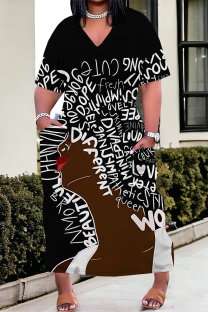 Black And White Street Cartoon Print portrait Pocket Contrast V Neck Printed Plus Size Dresses