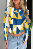 Yellow And Blue Casual Print Patchwork O Neck T-Shirts