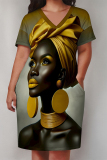Yellow Street Letter Print portrait Pocket Contrast V Neck Printed Plus Size Dresses