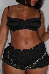 Black Sexy Casual Solid Color Backless Spaghetti Strap Sleeveless Two Pieces (Without Waist Chain)